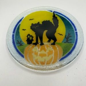 ClPeggy Karr Glass a 6In beautiful Black Cat Halloween Plate Handmade